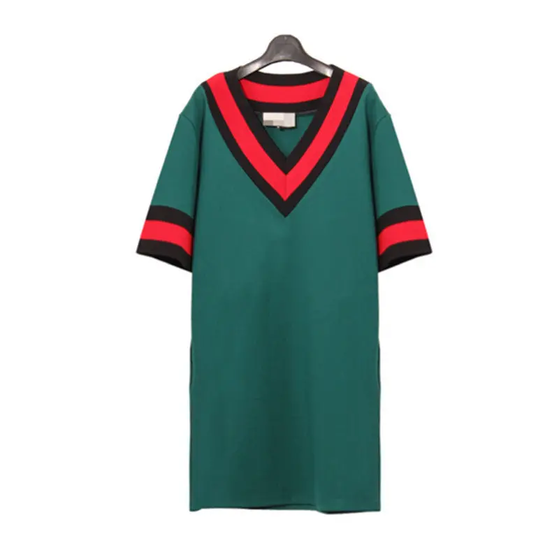 Street Colored Striped V Neck Short Sleeve Tee Dress Women Knitted Cotton Short Dresses Green 2