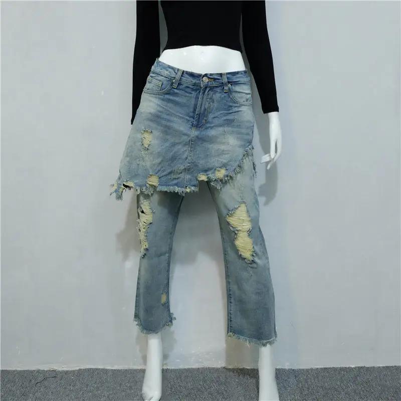 Street S Ripped Jeans Woman Fake 2 Piece Skirt Pants Denim Big Hole Destroyed Women Jeans High Waist Jeans Femme 1