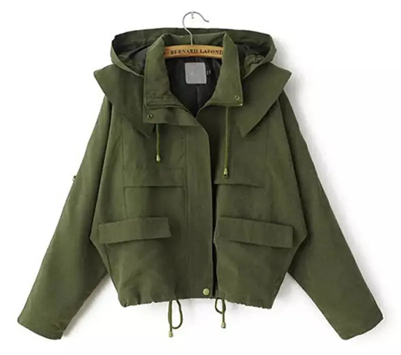 Streetwear Roll-Up Long Sleeve Army Green Military Casual Drawstring Hoodie Hooded Trench Women's Loose Coat Outwear 3
