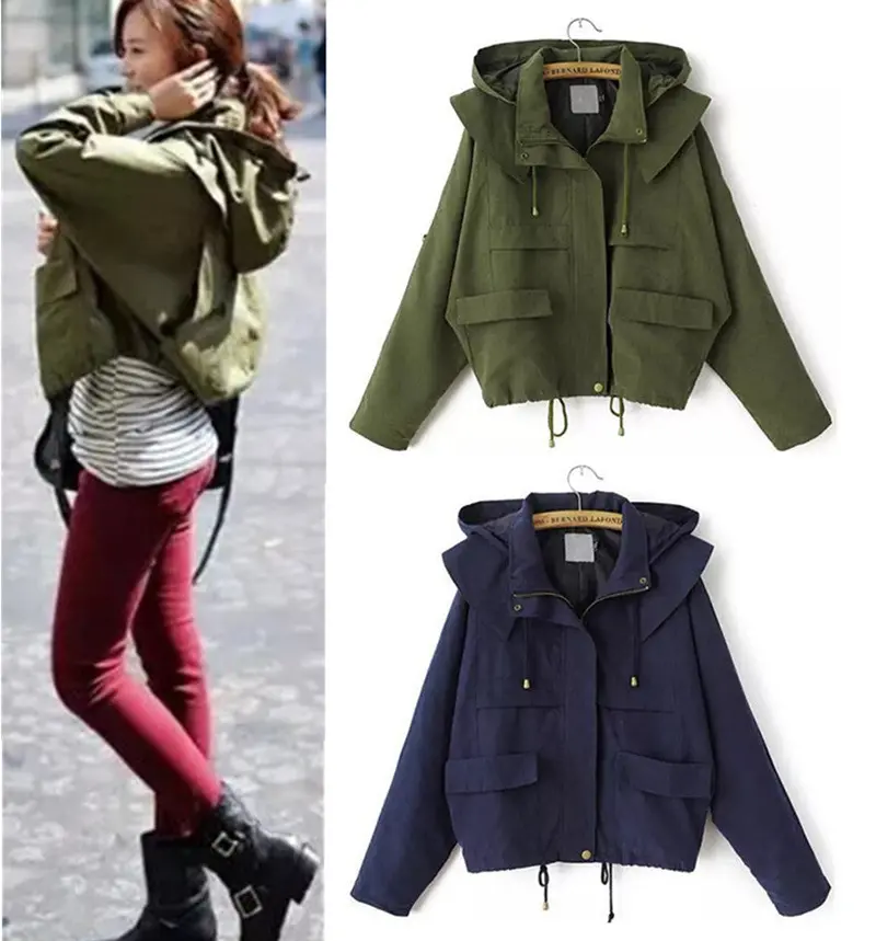Streetwear Roll-Up Long Sleeve Army Green Military Casual Drawstring Hoodie Hooded Trench Women's Loose Coat Outwear 4