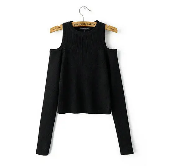 Strentch Knitted Strapless Sweater 4 Color Women Sexy O Neck Hollow Out Shoulder Long Sleeve Knitted Pullover Sweater 1