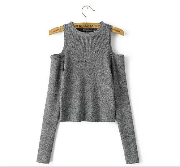 Strentch Knitted Strapless Sweater 4 Color Women Sexy O Neck Hollow Out Shoulder Long Sleeve Knitted Pullover Sweater 3