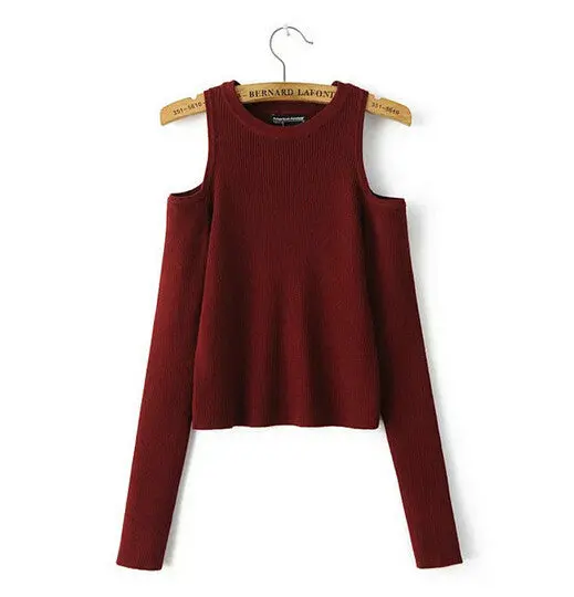 Strentch Knitted Strapless Sweater 4 Color Women Sexy O Neck Hollow Out Shoulder Long Sleeve Knitted Pullover Sweater 5