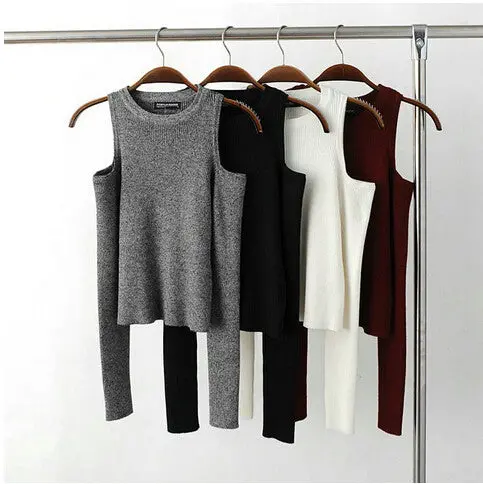 Strentch Knitted Strapless Sweater 4 Color Women Sexy O Neck Hollow Out Shoulder Long Sleeve Knitted Pullover Sweater 6