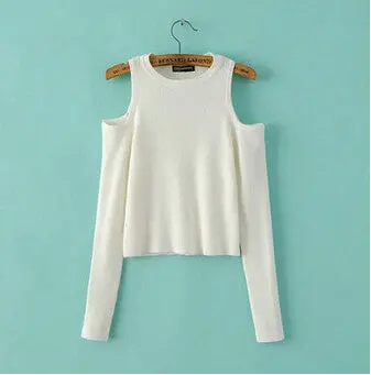 Strentch Knitted Strapless Sweater 4 Color Women Sexy O Neck Hollow Out Shoulder Long Sleeve Knitted Pullover Sweater 7