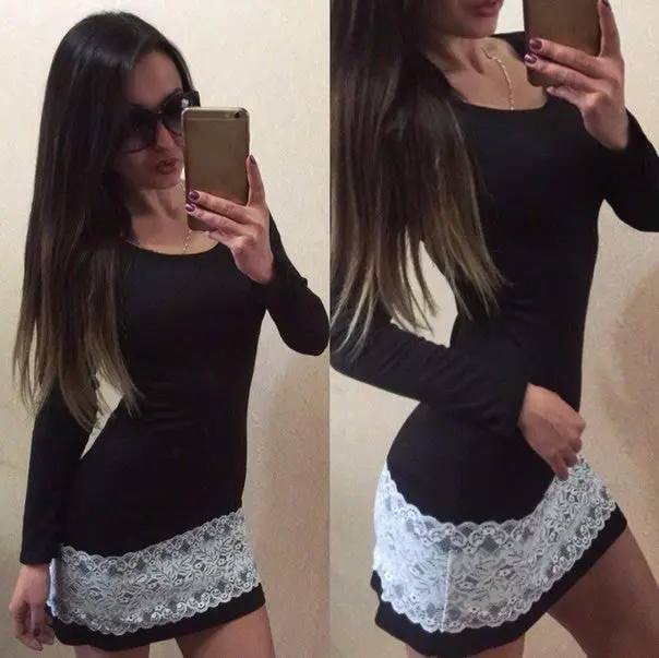 Stretch Pencil Bodycon Dress Women Lace Patchwork Dress Slim Long Sleeve Bottoming Dresses Vestidos M0561 1