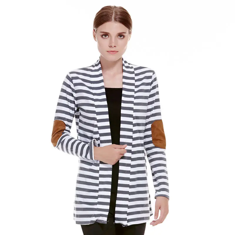Striped Bomber Jacket Women Cardigan Long Sleeve Elbow Patchwork Knitted Cotton Thin Jumper Long Women Basic Coats 1