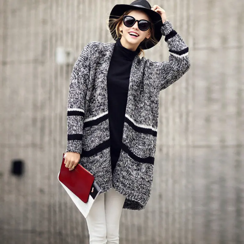 Striped Colored Wool Knitted Cardigan Sweater Back Dovetail Split Loose Jumper Women Knitwear Tops 1