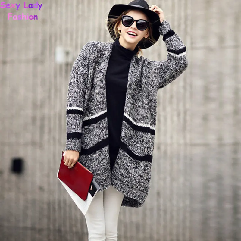 Striped Colored Wool Knitted Cardigan Sweater Back Dovetail Split Loose Jumper Women Knitwear Tops 2