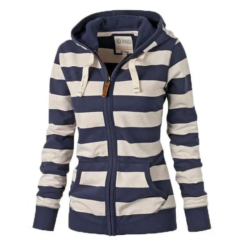 Striped Zipper Hoodies Sweatshirt Women Hooded Pullover Top Long Sleeve Jumper Top Hoodies M0468 1