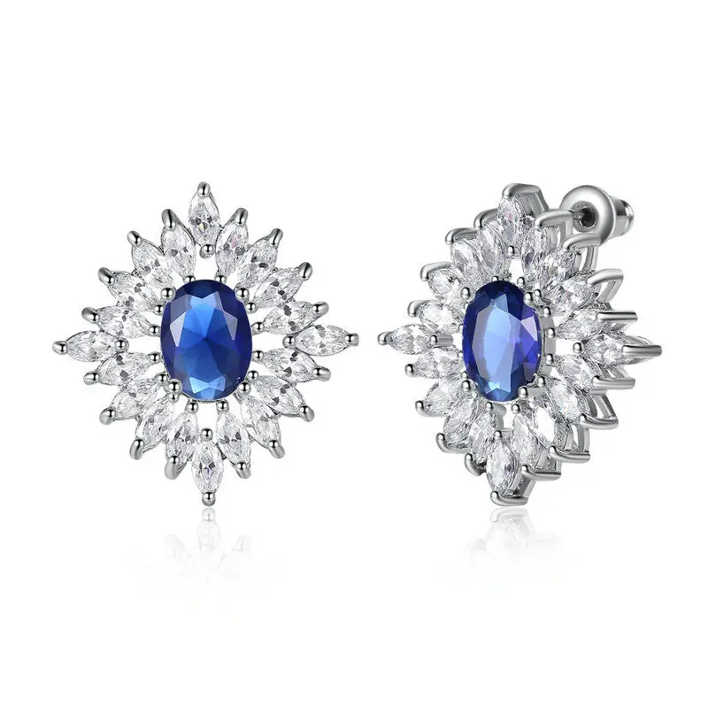 Stud Earrings With Blue Stone Sapphire For Crystals Stud Earrings Wedding E062-Bu 1