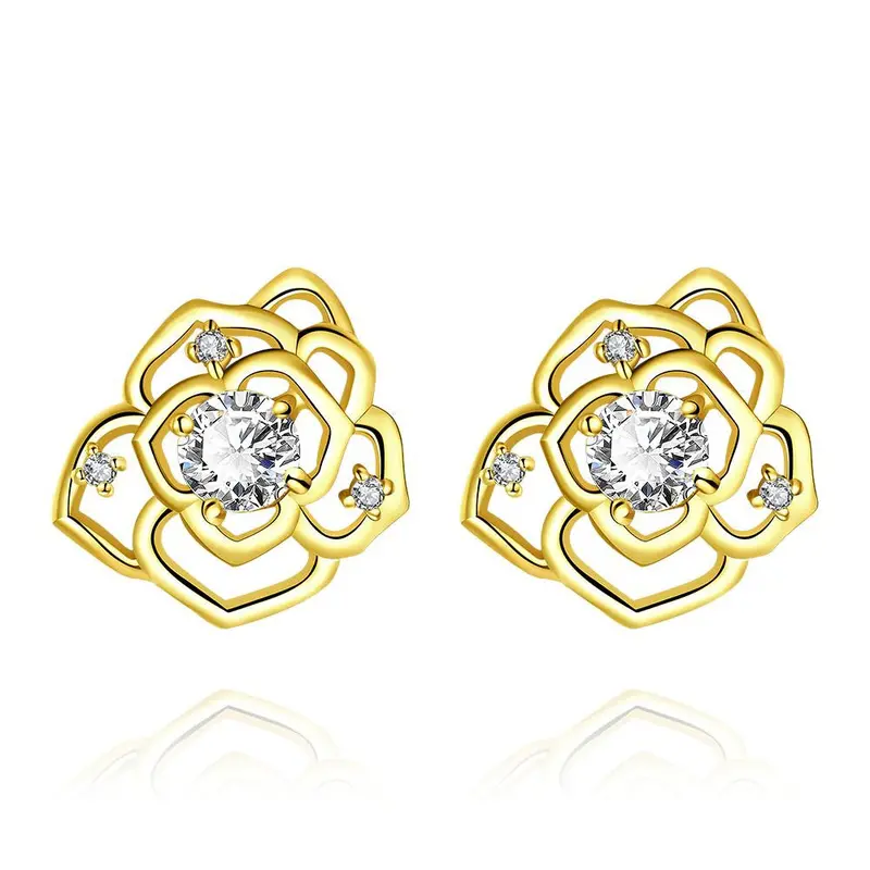 Style 18K Real Gold Plated Earings Flower Crystal Stud Pendientes To Us Bear Bijoux Women Skge 24 1