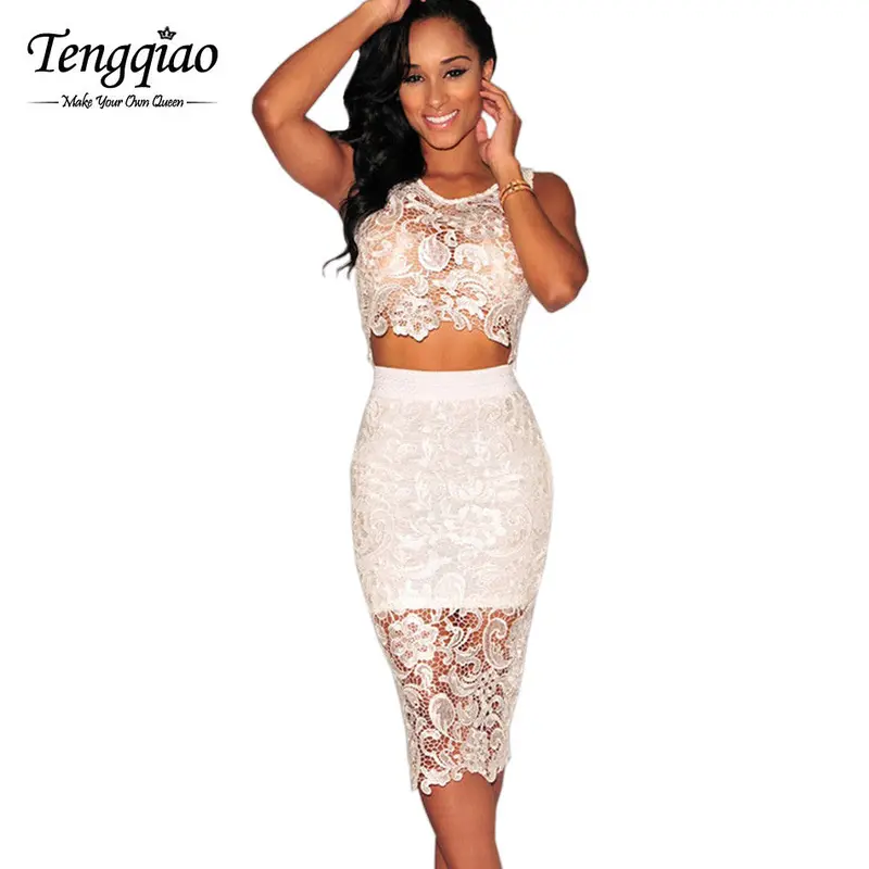 Style 2 Piece Bandage Dress Outfits Sexy White Lace Dress Knee Length Bodybon Party Night Club Dress 2