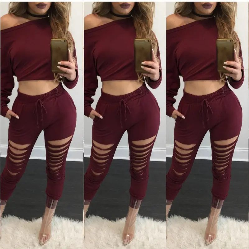 Style 2 Pieces Crop Tops + Long Pants For Young Ladies Long Sleeved Solid Shirts Hollow Out Pants Women's Sets Lx114 1