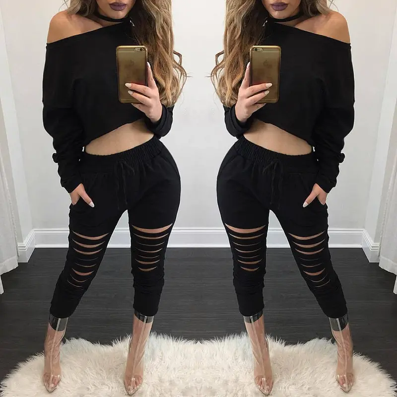 Style 2 Pieces Crop Tops + Long Pants For Young Ladies Long Sleeved Solid Shirts Hollow Out Pants Women's Sets Lx114 10