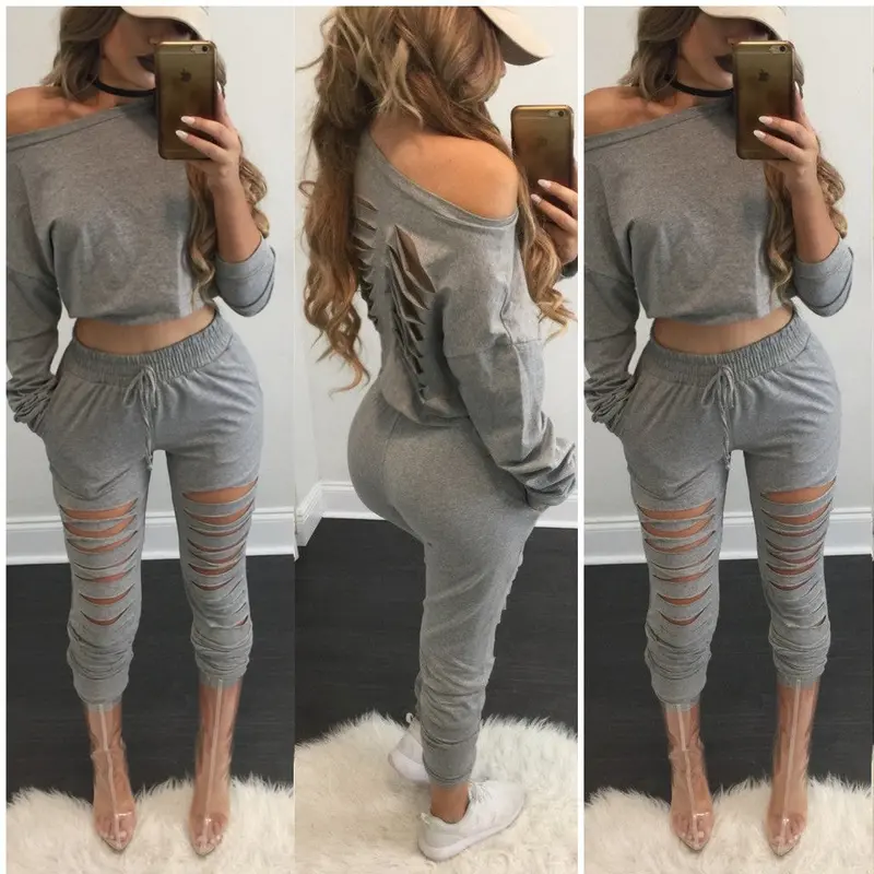 Style 2 Pieces Crop Tops + Long Pants For Young Ladies Long Sleeved Solid Shirts Hollow Out Pants Women's Sets Lx114 5