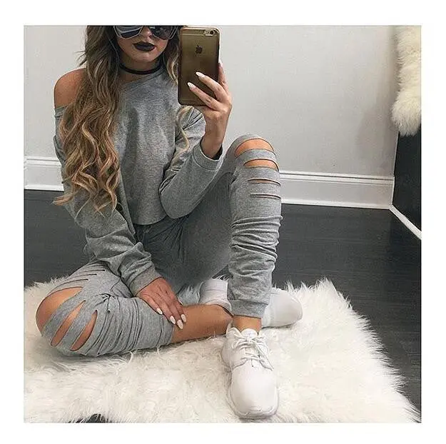 Style 2 Pieces Crop Tops + Long Pants For Young Ladies Long Sleeved Solid Shirts Hollow Out Pants Women's Sets Lx114 5