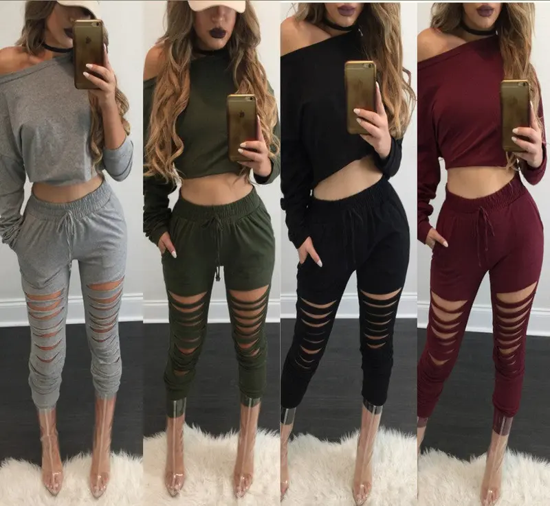 Style 2 Pieces Crop Tops + Long Pants For Young Ladies Long Sleeved Solid Shirts Hollow Out Pants Women's Sets Lx114 6