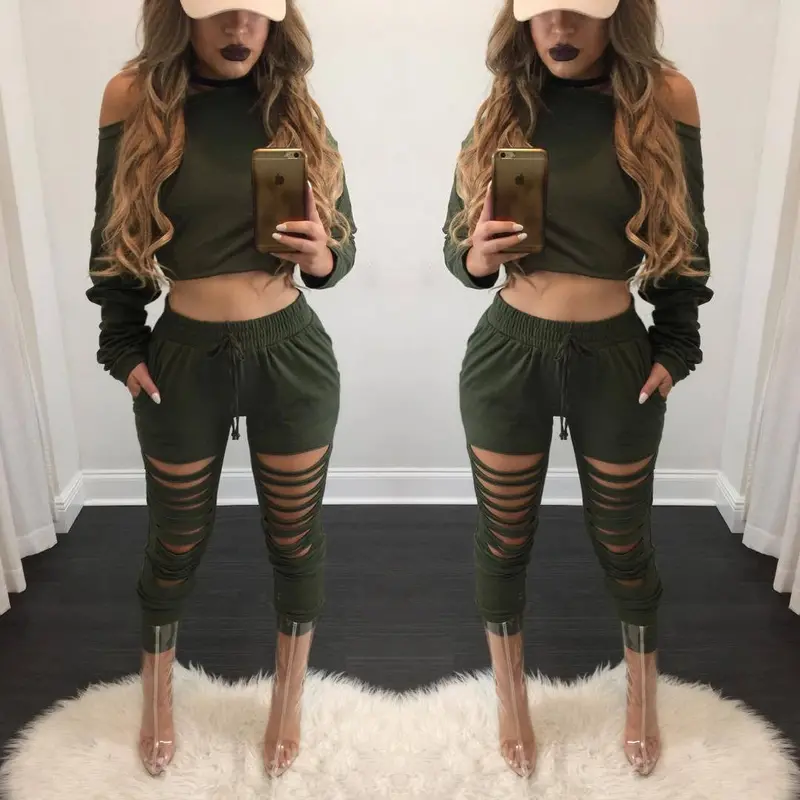 Style 2 Pieces Crop Tops + Long Pants For Young Ladies Long Sleeved Solid Shirts Hollow Out Pants Women's Sets Lx114 9