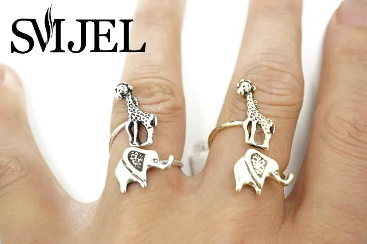 Style Antique Bronze And Silver Plated Elephant Giraffe Rings , Adjustable Animal Vintage Ring R327 1