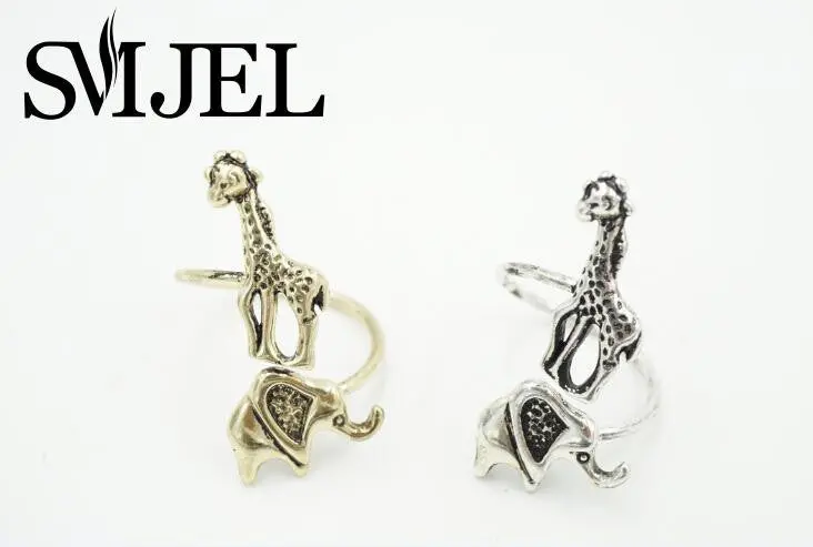 Style Antique Bronze And Silver Plated Elephant Giraffe Rings , Adjustable Animal Vintage Ring R327 2