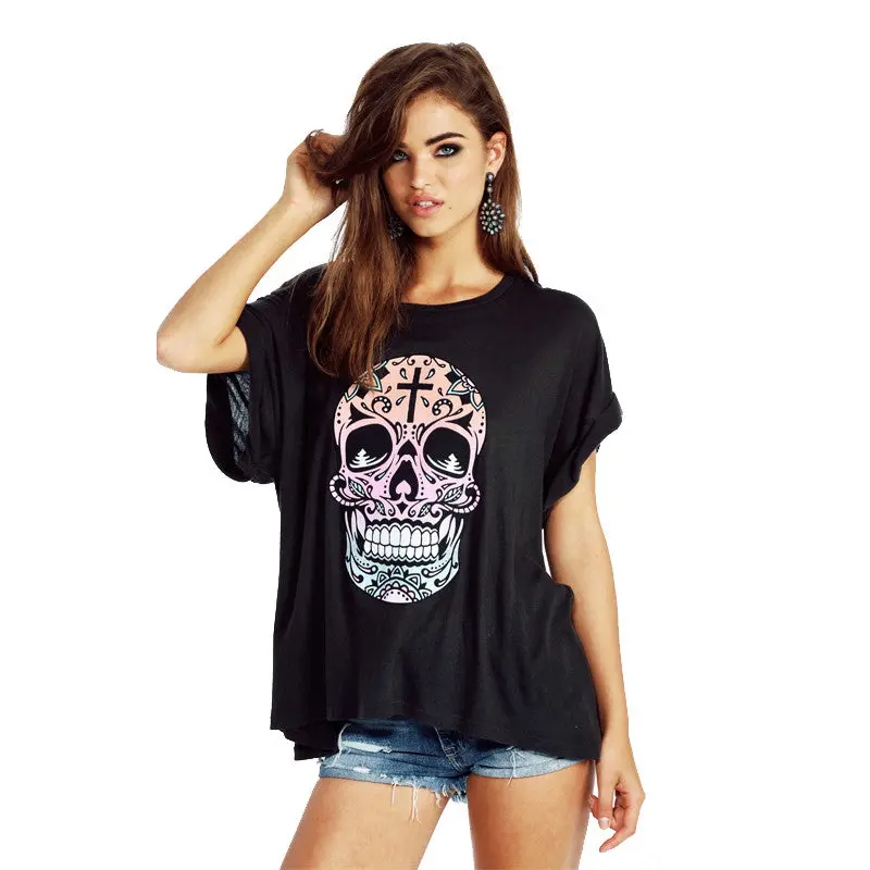 Style Basic Skull Print Loose T Shirt Black Tops Tee Shirt Femme Batwing Sleeve Casual Clothes 3