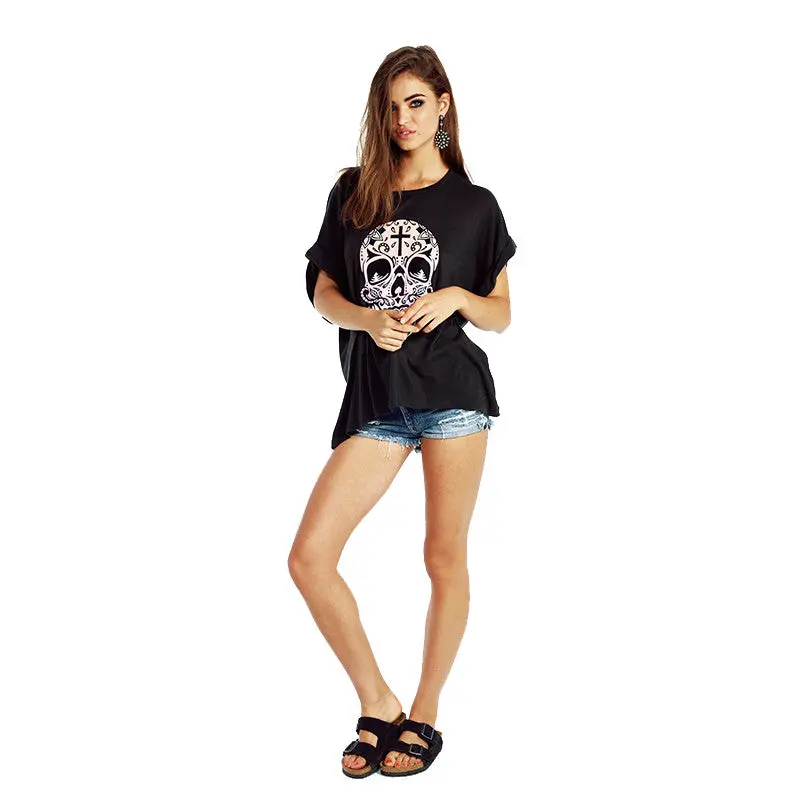 Style Basic Skull Print Loose T Shirt Black Tops Tee Shirt Femme Batwing Sleeve Casual Clothes 4