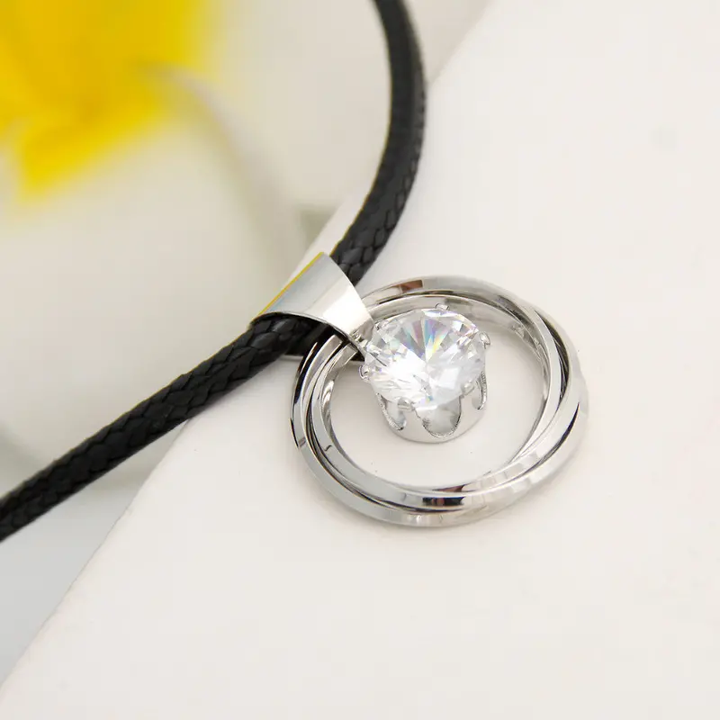 Style Blacke Leather Geometric Crystal In Circle Pendant Necklace Psxl053 2