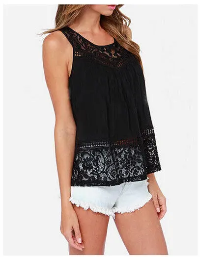 Style Blusa Feminina Sale Women Chiffon Lace Sleeveless O-Neck Blouse Hollow Out Solid White Plus Size Tops J3135 1