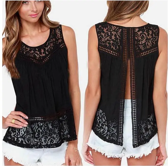 Style Blusa Feminina Sale Women Chiffon Lace Sleeveless O-Neck Blouse Hollow Out Solid White Plus Size Tops J3135 3