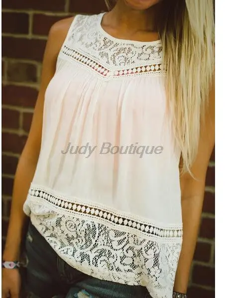 Style Blusa Feminina Sale Women Chiffon Lace Sleeveless O-Neck Blouse Hollow Out Solid White Plus Size Tops J3135 5