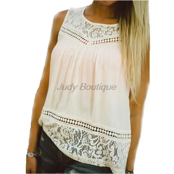 Style Blusa Feminina Sale Women Chiffon Lace Sleeveless O-Neck Blouse Hollow Out Solid White Plus Size Tops J3135 8