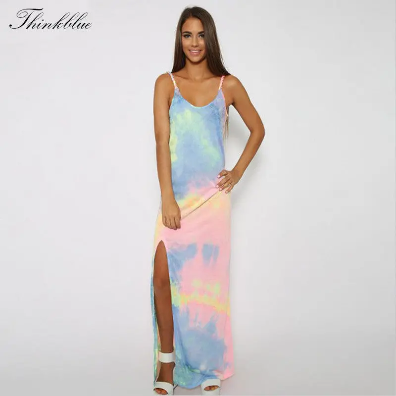 Style Boho Strap Maxi Dress Rainbow Gradient Cotton Long Dress Side Split Sexy Beach Dress V Neck Dresses 1
