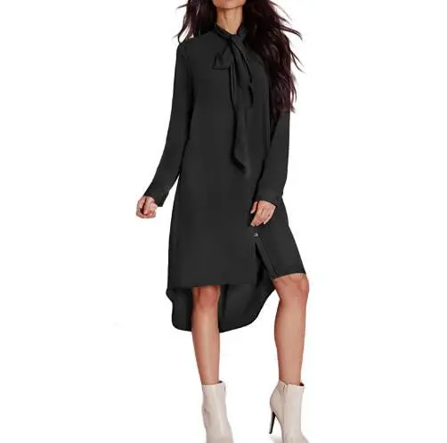 Style Casual Loose Women Bow Tie Shirts Dress Long Sleeve Solid Color Dresses Vestidos Plus Size 1