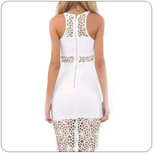 Style High Elasticity Pencil White Lace Dress Sleeveless Mini Dress Sexy Club Wear White Short Dress Back Zipper 1