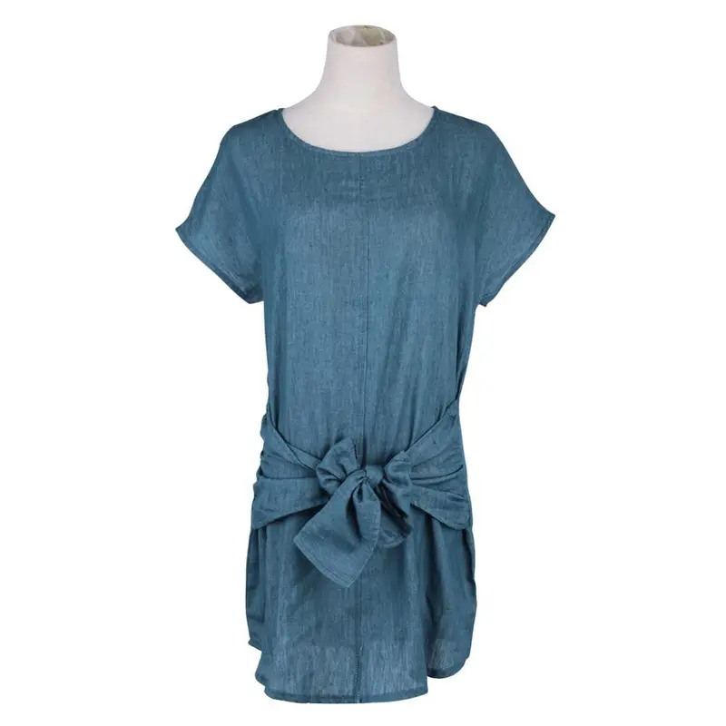 Style Loose Short Sleeve Women Denim Jeans Dress O Neck Washed Beaded Elegant Evening Party Lady Dresses 1