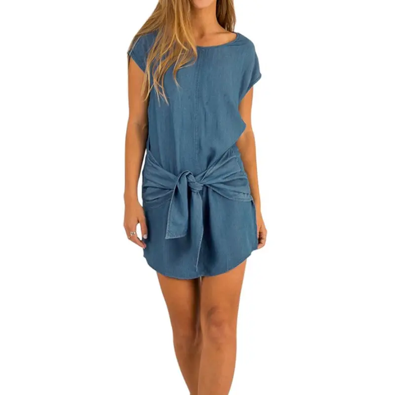 Style Loose Short Sleeve Women Denim Jeans Dress O Neck Washed Beaded Elegant Evening Party Lady Dresses 4