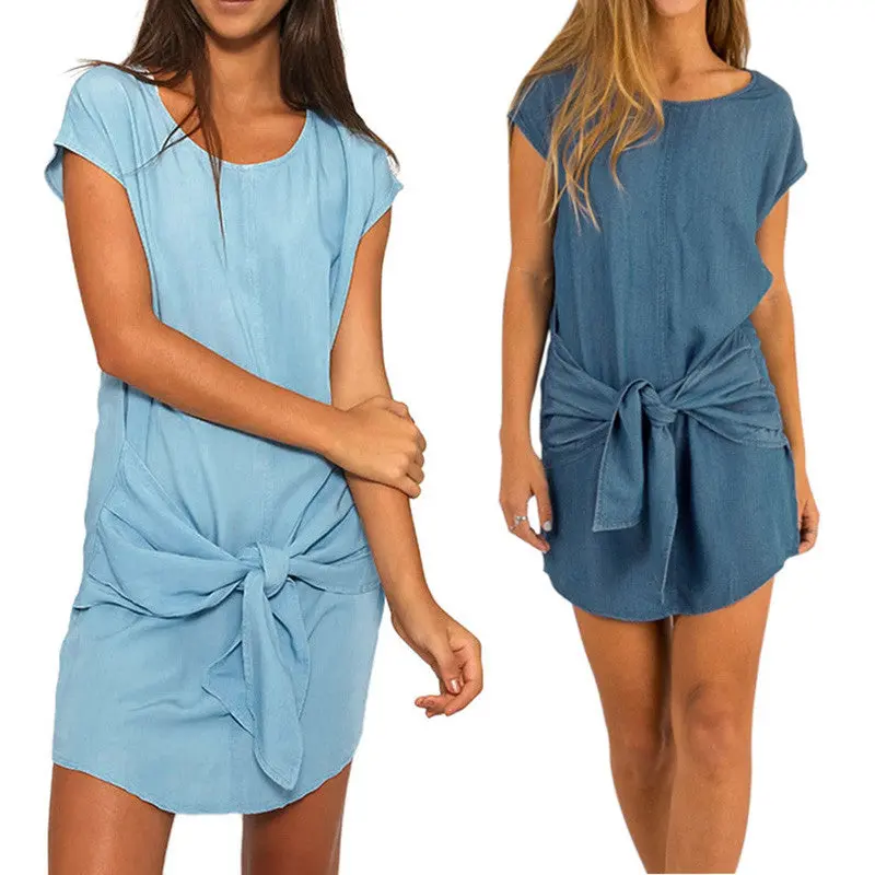 Style Loose Short Sleeve Women Denim Jeans Dress O Neck Washed Beaded Elegant Evening Party Lady Dresses 5