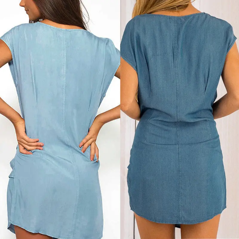 Style Loose Short Sleeve Women Denim Jeans Dress O Neck Washed Beaded Elegant Evening Party Lady Dresses 6