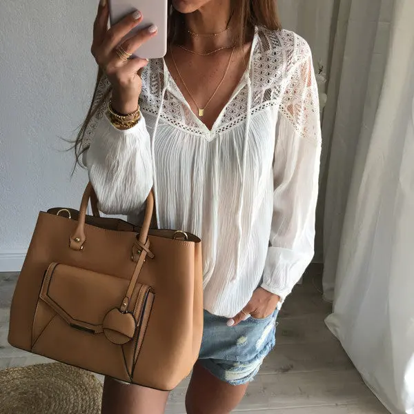 Style Loose Tops V Neck Long Sleeve Tshirt Chiffon Lace Crochet Blusa Feminina Women Tees 2