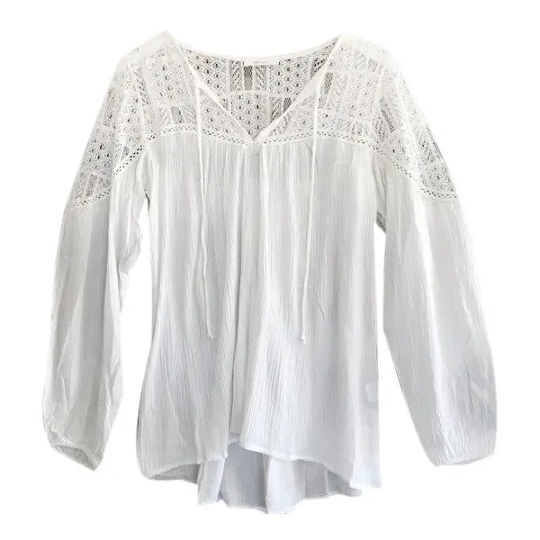 Style Loose Tops V Neck Long Sleeve Tshirt Chiffon Lace Crochet Blusa Feminina Women Tees 4