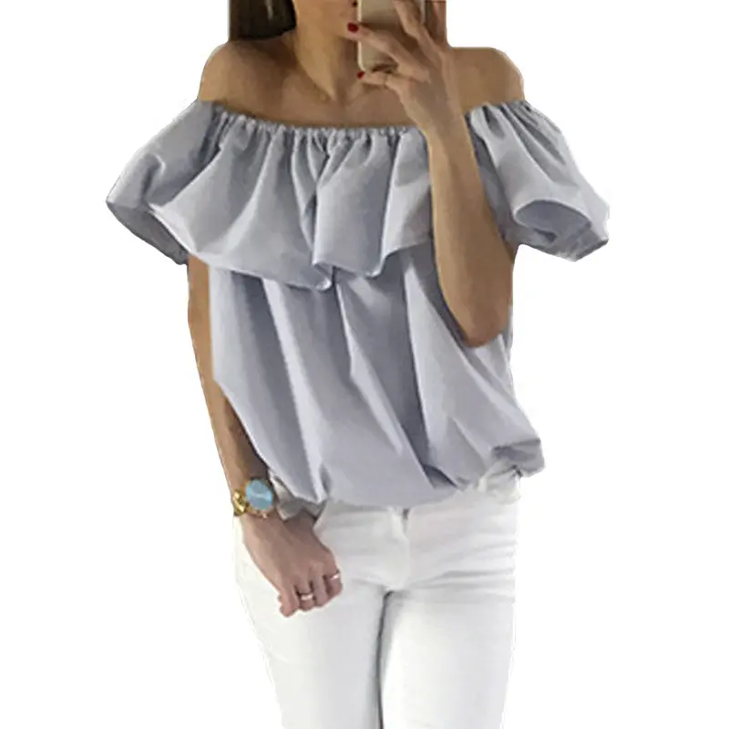 Style Off Shoulder Ruffle Blouses And Shirts Sexy Slash Neck Women Tops Casual Tees Loose Beach Tops 1