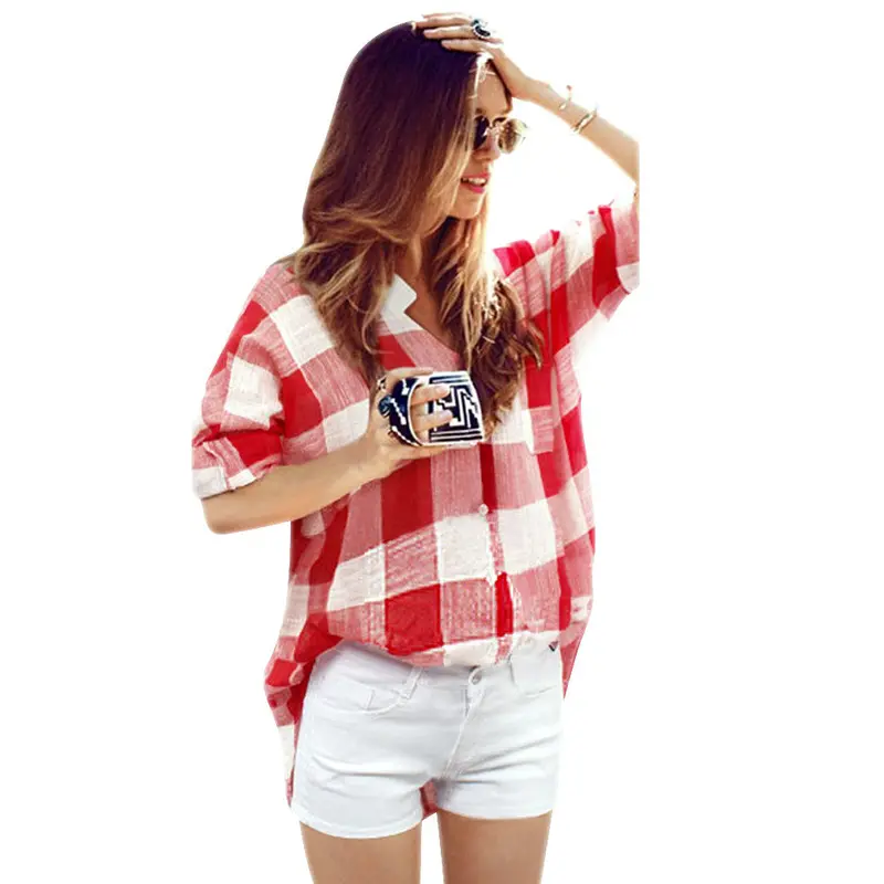 Style Plaid Shirts Women Loose Long Sleeve Chiffon Casual Blouse Shirt Tops Fashion Red Blouse 1