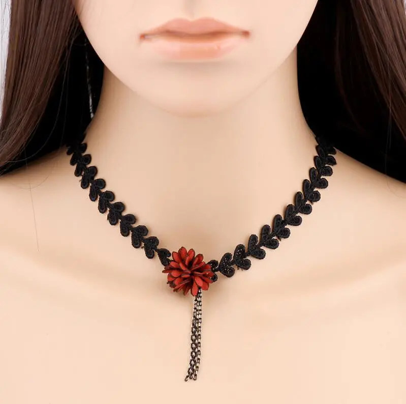 Style Red Flower Choker Necklace Vintage Statet Collar Necklace Jewelry Psxl047 1