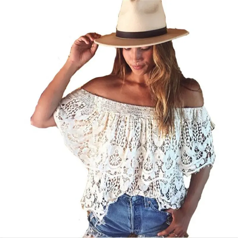 Style Sexy Strapless Women Tops Off Shoulder Women Blouses Lace Crochet Slash Neck Tops For Women White Shirts 3