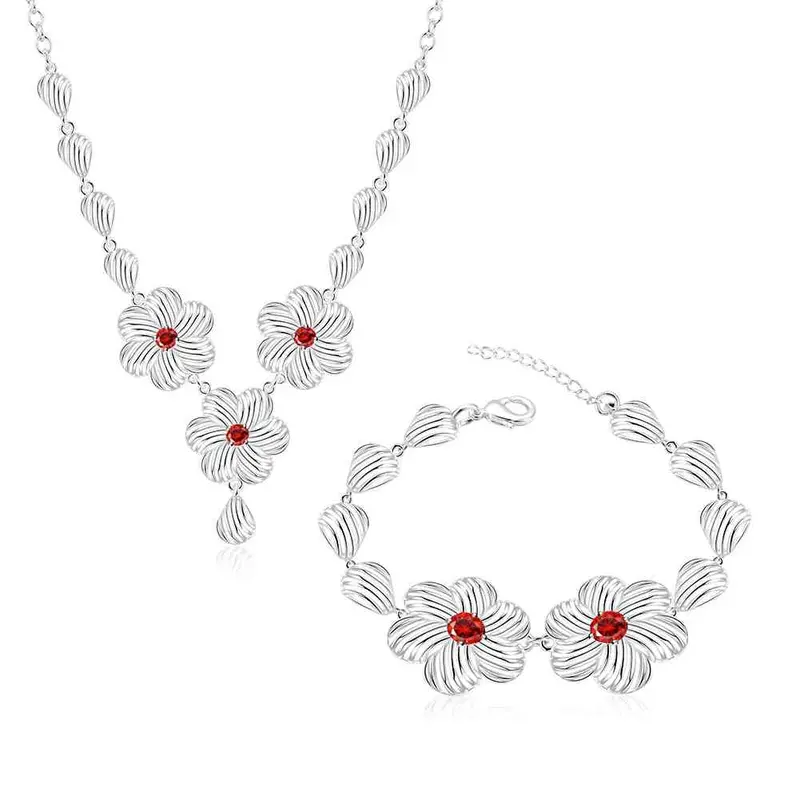 Style Silver Jewelry Sets Inlaid Crystal Flower Necklace + Bracelet Sets Bijoux Femme 55 1