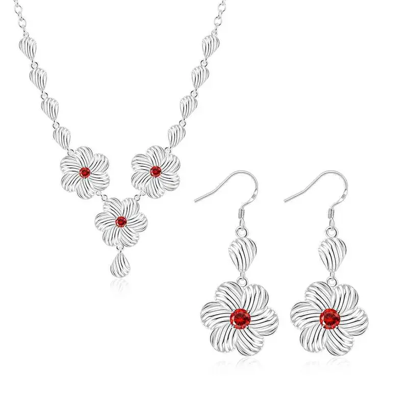 Style Silver Jewelry Sets Inlaid Crystal Flower Necklace + Bracelet Sets Bijoux Femme 55 2