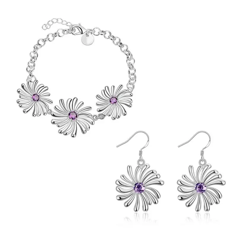 Style Silver Jewelry Sets Inlaid Crystal Flower Necklace + Bracelet Sets Bijoux Femme 55 4