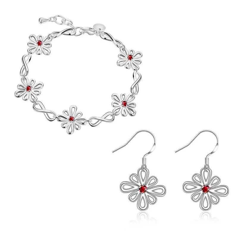 Style Silver Jewelry Sets Inlaid Crystal Flower Necklace + Bracelet Sets Bijoux Femme 55 5