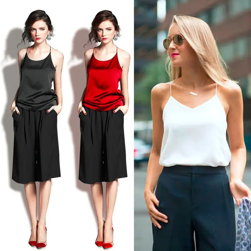 Style Sleeveless Silktank Tops Sexy Deep V Neck Black Camisole Tank Casual Party Girls Tops 4